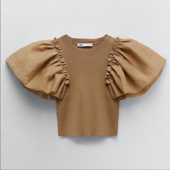 Zara Tops - 35. Zara Flutter Puff Sleeve Ribbed Top Camel Tan Short Sleeve Small